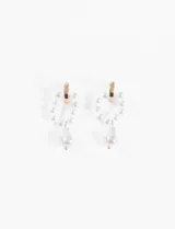 Par de aros plateados tipo argolla, con perlas pequeñas y perla colgante irregular.