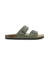 Sandalia de dos tiras ajustables con hebillas metálicas, marca Hush Puppies. Presenta una base de corcho y suela de goma antideslizante, con diseño ergonómico.