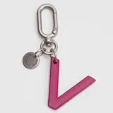 Llavero tipo charm con mosquetón metálico plateado, placa circular grabada con la marca Bubba y un aro circular de color fucsia.