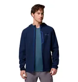 Campera técnica Columbia con capucha ajustable, confeccionada en tejido softshell azul marino con tecnología Omni-Shield. Presenta cierre frontal y bolsillo en el pecho con detalles en azul vibrante, además de bolsillos laterales con cierre y puños elásticos.