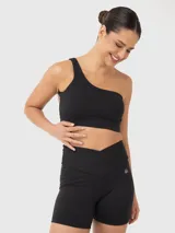 Top deportivo de un hombro con diseño asimétrico y banda elástica inferior para mayor soporte. Cuenta con almohadillas removibles.