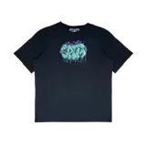 Remerón negro de jersey de algodón, corte oversize, con estampado en el frente con letras en color turquesa y violeta.