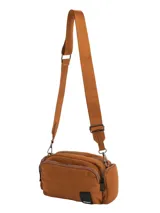 Bandolera negra de tela acolchada con correa ajustable, cierre superior y bolsillos laterales y traseros.