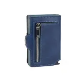 Billetera compacta de cuero sintético color marrón con doble compartimento de aluminio para tarjetas y bolsillo exterior con cierre metálico.