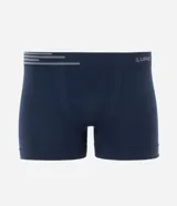 Calzoncillo tipo boxer de microfibra color azul marino, con diseño sin costuras y cintura elástica con detalle de líneas horizontales y logo de la marca.