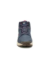 Calzado de trekking Cat modelo Grapple Leather Mid, color azul con detalles en rosado, beige y suela marrón. Confeccionado en cuero nobuk y ante con entresuela de EVA y suela de goma para mayor tracción.