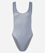 Body celeste metalizado de poliamida sin costuras, con breteles anchos y escote cuadrado.