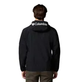 Campera cortaviento Columbia modelo Challenger Windbreak Omni-Shield, color negro con el texto "PACKABLE" impreso en blanco. Es resistente a la lluvia y manchas, cuenta con media cremallera central, capucha ajustable y bolsillo canguro.