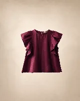 Blusa de lino color bordó, con cuello redondo y mangas cortas amplias con volados.