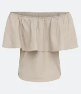 Blusa color beige de hombros descubiertos con volados y bordado floral en el busto.