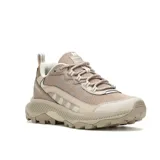 Championes de senderismo Merrell modelo Speed Strike 2, color beige con detalles en tonos tierra. Presentan una estructura combinada de malla transpirable y refuerzos sintéticos, con suela de goma de alta tracción y entresuela de espuma EVA para mayor amortiguación.