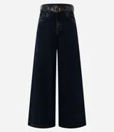 Pantalón palazzo de jean negro, de cintura alta con presillas, bolsillos funcionales y pespuntes en contraste.