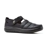 Zapato casual Korium Confort Estefan de cuero sintético negro, con plantilla de cuero, ajuste con velcro y suela de goma.