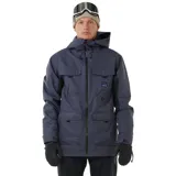 Campera de esquí azul con capucha, cierre frontal y múltiples bolsillos.