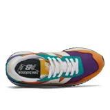 Championes New Balance modelo 237 para mujer, con diseño retro y combinación de colores vibrantes: naranja, morado, verde azulado, amarillo mostaza y detalles en blanco crema. Presentan una suela sobredimensionada y el logo 'N' en blanco.