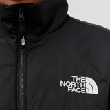 Campera puffer negra con cuello alto, cierre frontal y bolsillos laterales. Logo de The North Face bordado en el pecho.