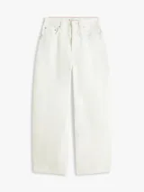 Jeans de denim de corte barrel color blanco marfil, tiro alto y diseño de cinco bolsillos, confeccionados en algodón.