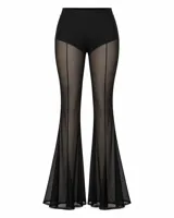 Pantalón oxford de tul negro transparente con costura frontal marcada y botamanga acampanada.