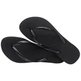 Ojotas Havaianas modelo Slim, de color rosado con tiras finas metálicas y textura de grano de arroz en la suela.