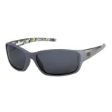 Lentes de sol Cat con armazón gris mate, cristales oscuros y patillas con diseño de camuflaje en tonos gris y amarillo. Presentan el logo de la marca en las varillas.