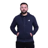 Campera deportiva con capucha y cierre frontal completo, color azul marino. Presenta bolsillos tipo canguro y logo bordado en el pecho.