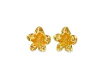 Aros abridores de metal dorado con diseño tridimensional en forma de flor de cinco pétalos y relieve en el centro.