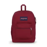Mochila Jansport color borgoña, con un compartimento principal, bolsillo frontal con cierre, bolsillo lateral para botella de agua y sobre interno acolchado para laptop de 15 pulgadas.