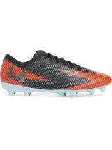 Championes de fútbol Under Armour Shadow Select 3 FG, con parte superior sintética suave en color negro y naranja con detalles lineales. Cuenta con suela de TPU con tacos cónicos para tracción en superficies naturales firmes y plantilla de EVA para mayor comodidad.