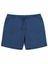 Short de lino color azul marino, con cintura elástica ajustable mediante cordón y bolsillos laterales.
