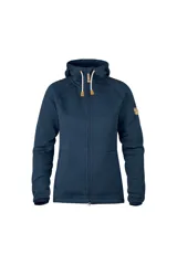 Buzo polar con capucha Fjällräven Övik Fleece Hoodie, color azul marino, con cierre frontal completo, bolsillos laterales y logo bordado en el brazo.