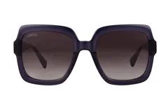 Lentes de sol Lancel con armazón cuadrado de acetato en color violeta oscuro y cristales degradados.