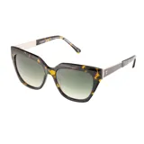 Lentes de sol Teresa Calandra modelo Milla, con armazón de carey (habano) de formato geométrico y cat-eye, y lentes degradadas en tono verdoso.