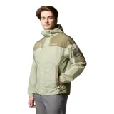 Campera cortaviento Columbia Challenger II Omni-Shield, color verde claro con detalles en verde militar. Cuenta con capucha ajustable, cierre frontal, bolsillos laterales con cierre y un bolsillo con cierre y detalle de red en la manga izquierda.