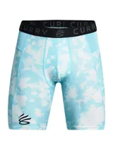 Short deportivo ajustado tipo calza Under Armour de la línea Curry, con diseño estampado en tonos celeste y blanco, cintura elástica ancha negra con marca y logo visible, y pequeño logo en la pierna.