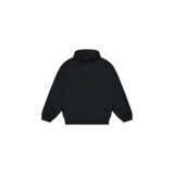 Hoodie Fear of God Essentials modelo Chest Logo color negro, de diseño oversize, con capucha sin cordones y sutil aplique de goma con el logo en el pecho.