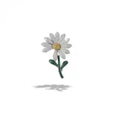 Broche en forma de margarita con pétalos cubiertos de circones transparentes, centro dorado y tallo con hojas verdes. Pieza de diseño elegante y detallado.