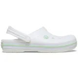 Zuecos Crocs modelo Crocband™ en color lila claro con plataforma blanca y una línea decorativa morada. Presentan el diseño clásico con orificios de ventilación y tira trasera ajustable.