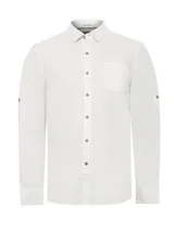 Camisa de manga larga RKF modelo Galiton, color blanco, confeccionada en popelina de algodón orgánico. Presenta cuello camisero, cierre frontal con botones de madera, bolsillo en el pecho con logo bordado y mangas ajustables con botón.