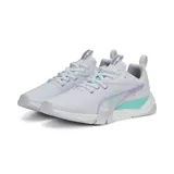 Championes Puma Zora blancos con detalles en lila y celeste.