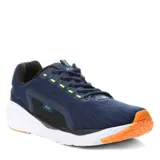 Championes deportivos Push modelo Dolman, de color azul marino con detalles en negro, naranja y verde neón. Presentan una capellada de tejido sintético transpirable, cierre con cordones y una suela de goma blanca con refuerzos en naranja en la puntera y el talón.