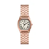 Reloj analógico Fossil modelo Harlow con caja octogonal de acero inoxidable en tono oro rosa. Presenta una esfera color crema con textura y números romanos negros. Incluye una malla de eslabones metálicos a tono con cierre desplegable.