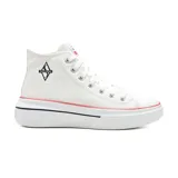 Championes de media caña Skechers Cordova Classic Top Tier, color blanco con detalles en rojo y azul. Capellada de lona, plantilla Skechers Air-Cooled Memory Foam y suela de goma.