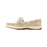 Mocasín estilo náutico Korium modelo Elida, color beige y dorado, con paneles laterales de tejido brillante, detalles de cordones y ojalillos metálicos.
