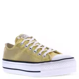Championes Converse Chuck Taylor All Star dorados con plataforma blanca y detalles en negro.