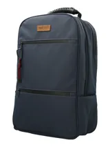 Mochila RKF de diseño minimalista en color azul navy, fabricada en poliéster reciclado repelente al agua. Cuenta con dos bolsillos frontales con cierre, asa superior reforzada, correas ajustables y un llavero mosquetón decorativo con cordón rojo.