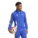 Campera deportiva Adidas Pitch 2 Street Messi, color azul con detalles dorados y blancos. Cuenta con cierre frontal, cuello alto, bolsillos con cremallera y logo de Messi en el pecho.