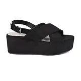 Sandalias negras de plataforma con tiras cruzadas en el empeine y tira con hebilla en el tobillo.