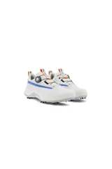 Championes de golf Ecco modelo Biom G5, color blanco con detalles en azul y naranja. Cuentan con sistema de ajuste BOA, suela con clavos y tecnología GORE-TEX para impermeabilidad.