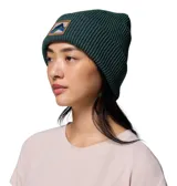 Gorro tejido de punto con diseño acanalado en color verde oscuro. Presenta un parche rectangular de cuero sintético en el frente con un gráfico de montañas y el logo de la marca.