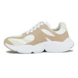Championes Vizzano de estilo casual con diseño de paneles en tres tonos: blanco, beige y crema. Presentan cierre de cordones, suela de plataforma gruesa y logo lateral en forma de V.